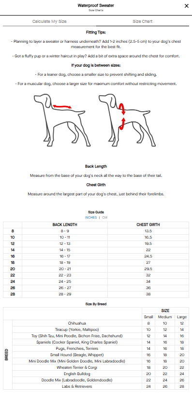 Sizing chart for Canada Pooch Waterproof Sweater