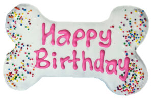 Pawsitivley Gourmet 6″ White with Pink Writing "Happy Birthday" Bone Sprinkles