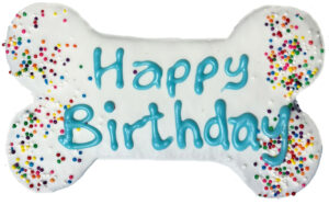 Pawsitivley Gourmet 6″ White with Blue Writing "Happy Birthday" Bone Sprinkles