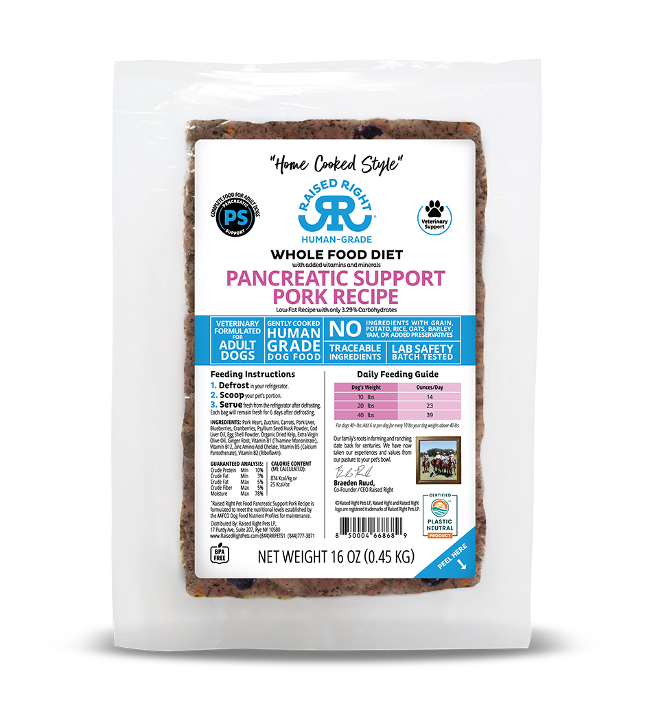 Raised Right Dog Pancreatic Support Pork Frozen Dog Food, 1-lb