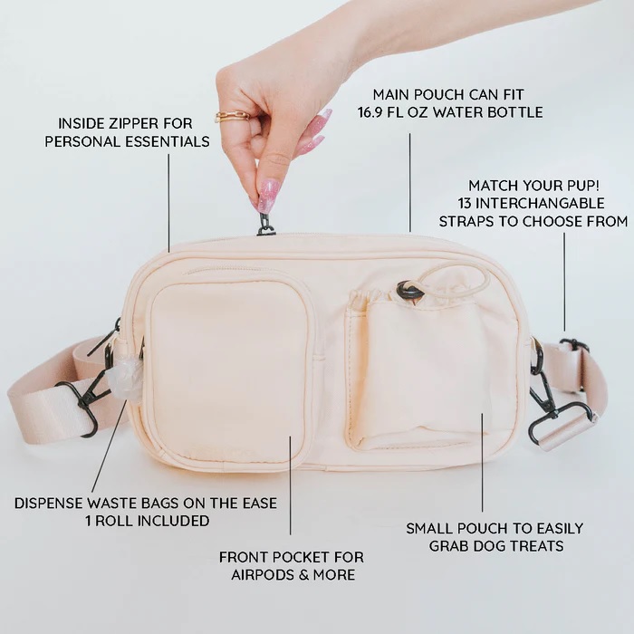 Sassy Woof Dog Parent Pouch + Strap, Beige