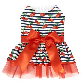 DOGGIE DESIGN CHERRY STRIPE HARNESS DRESS WITH MATCHING LEASH SMALL