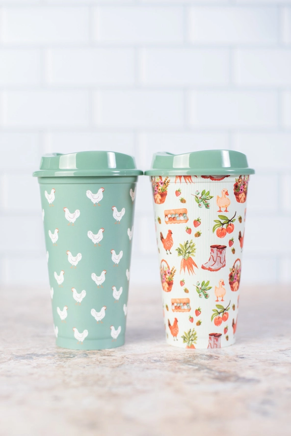 Reusable Hot/Cold Cup - Set of 2 - Sage Chicken/Farmers Market