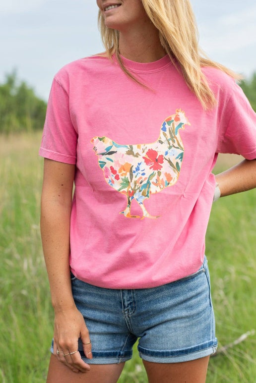 Floral Chicken Graphic Crunchberry Pink Women's Tee - XL