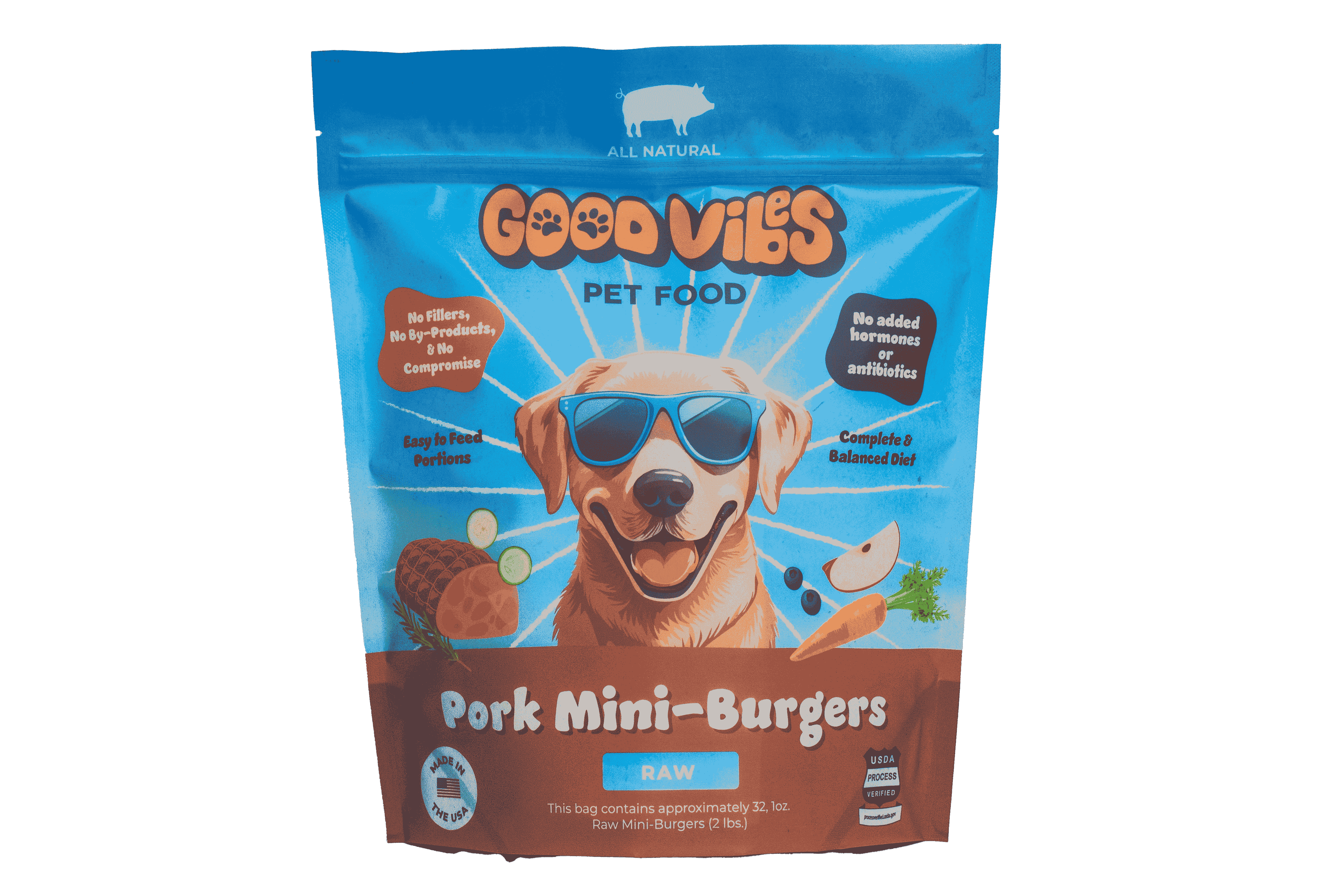 Good Vibes Pet Food Raw Pork Burgers, 6-lb