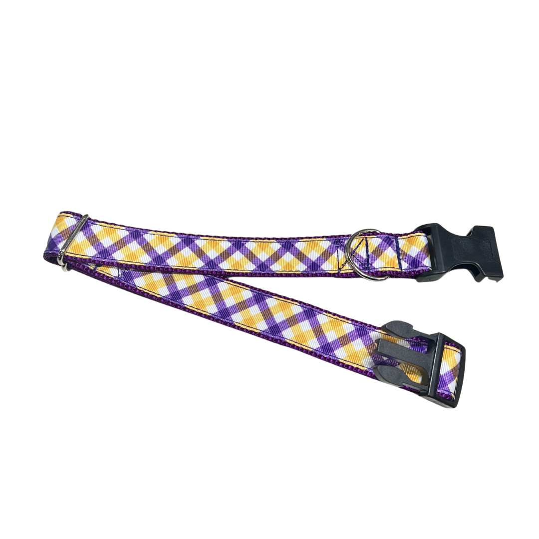 Parish Pets- 1" Wide Dog Collar Purple & Gold Plaid Large