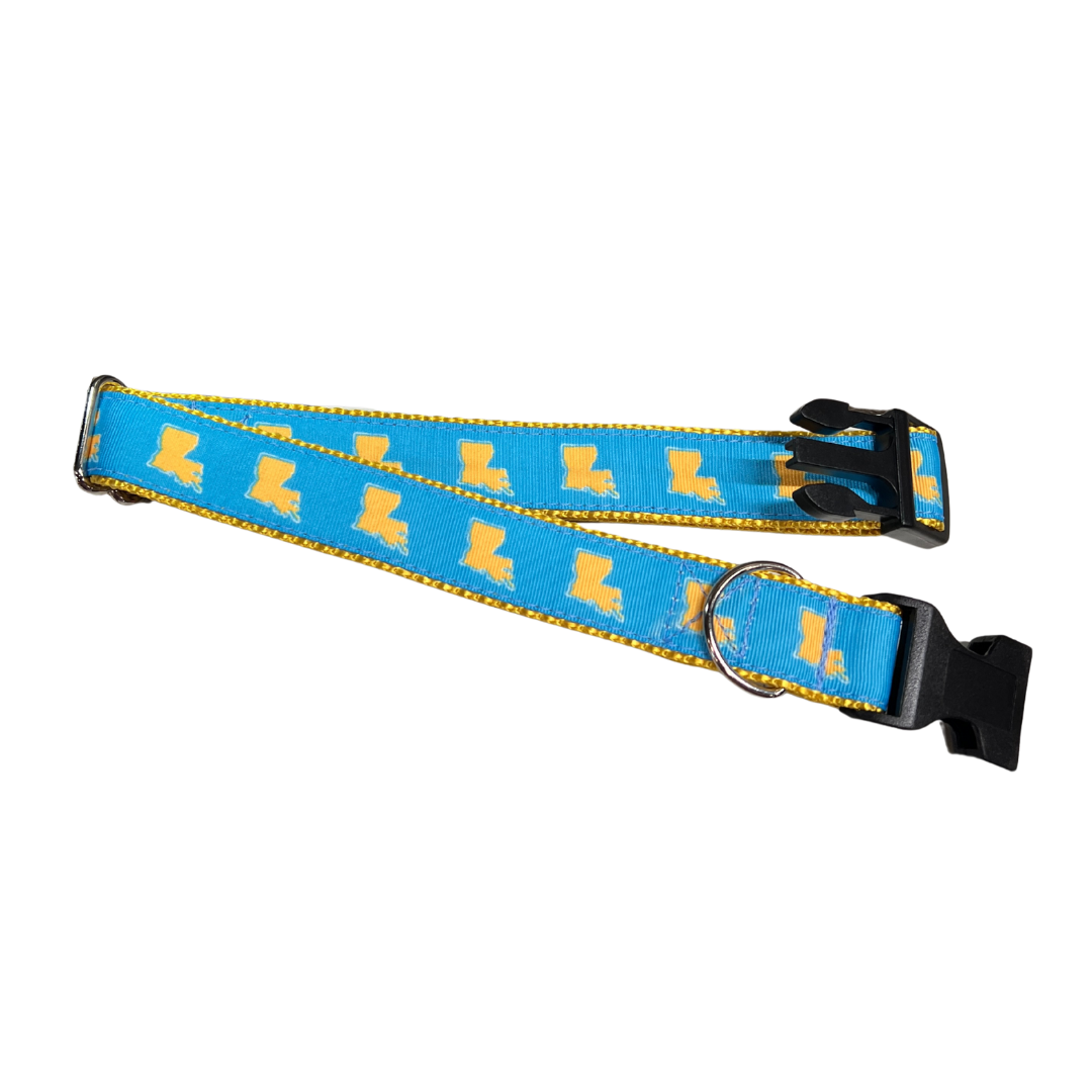 Parish Pets- 1" Wide Dog Collar Blue & Gold Louisiana Outline Large