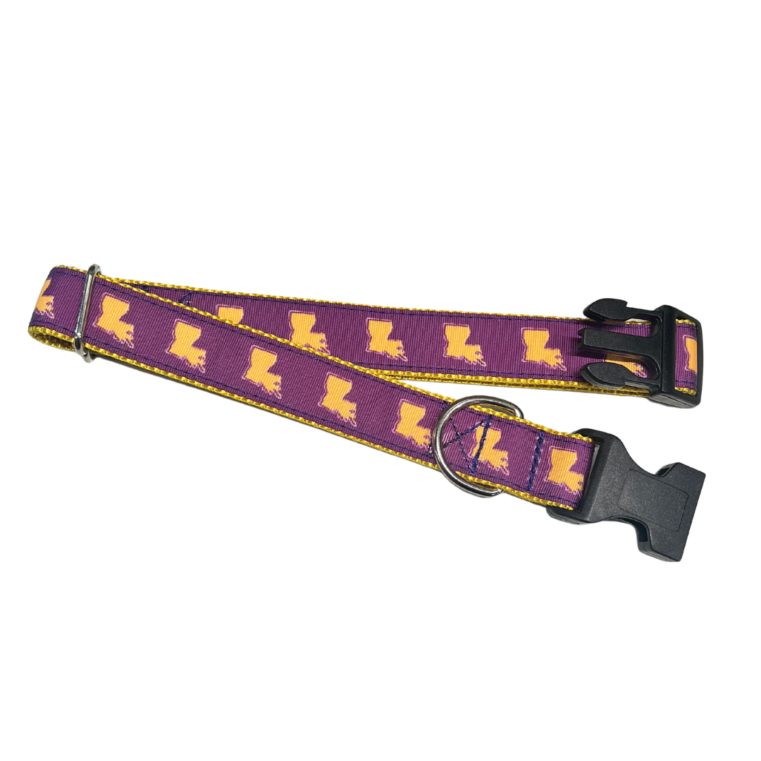 Parish Pets- 1" Wide Dog Collar Purple & Gold Louisiana Outline Large
