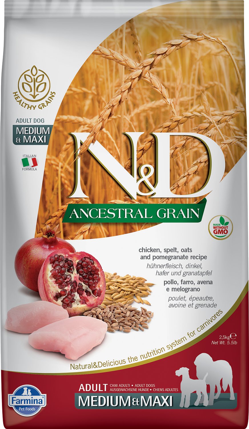 Farmina N&D Ancestral Grain Chicken & Pomegranate Medium & Maxi Adult Dry Dog Food, 5.5-lb (**)
