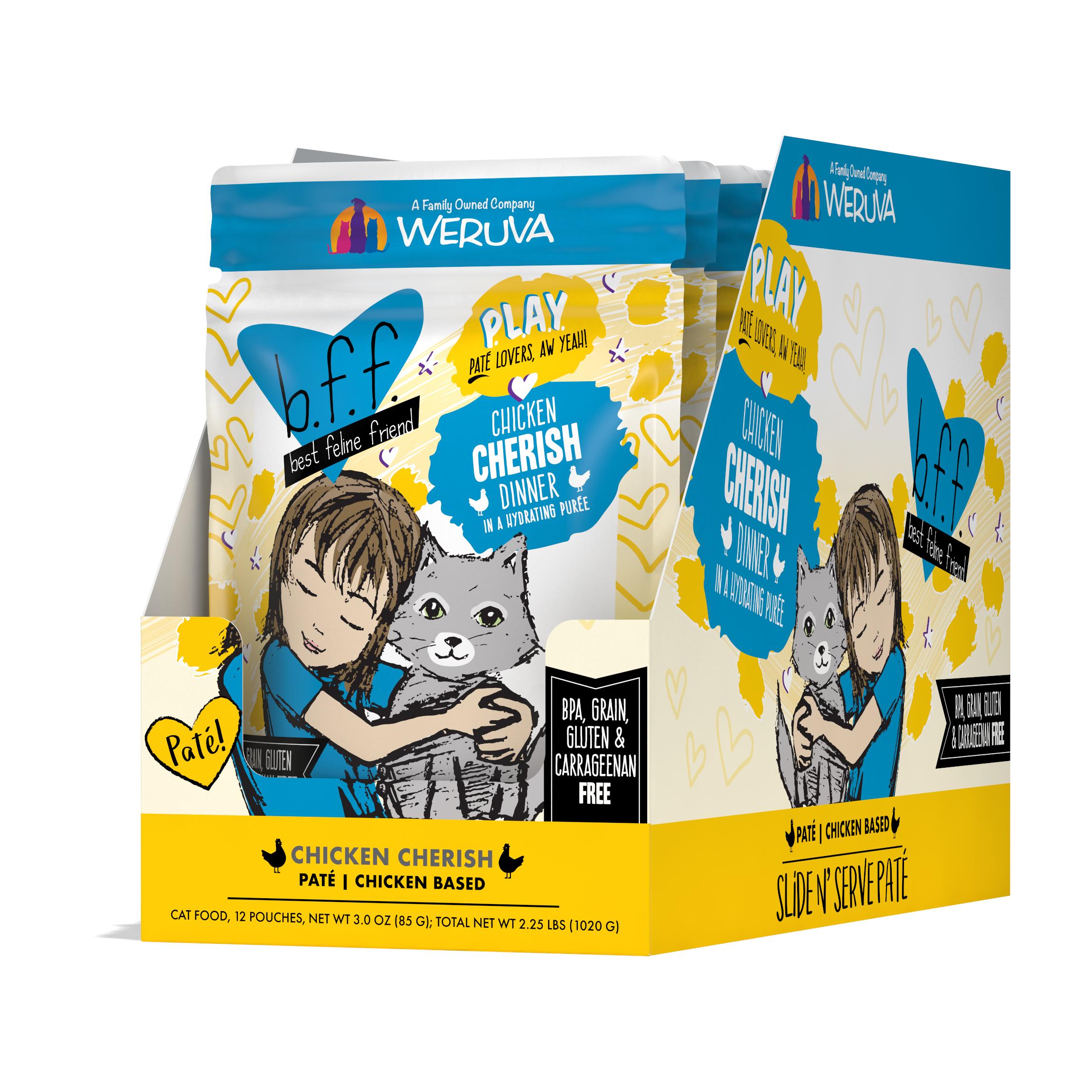 BFF PLAY Pate Cherish Chicken Dinner in Puree Grain-Free Wet Cat Food Pouch, 3-oz, case of 12 (**)