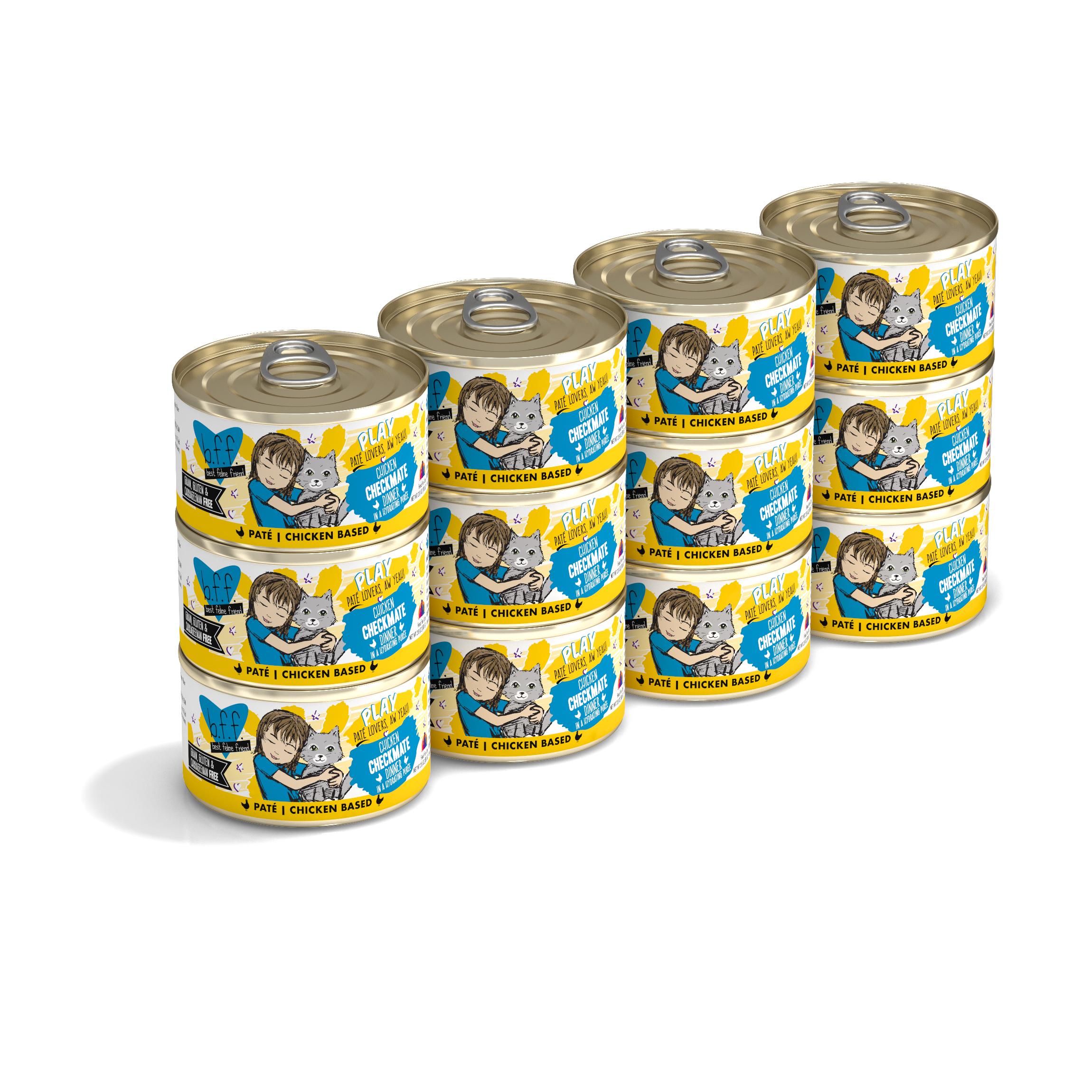 BFF PLAY Pate Checkmate Chicken Dinner in Puree Grain-Free Wet Cat Food, 2.8-oz, case of 12 (**)