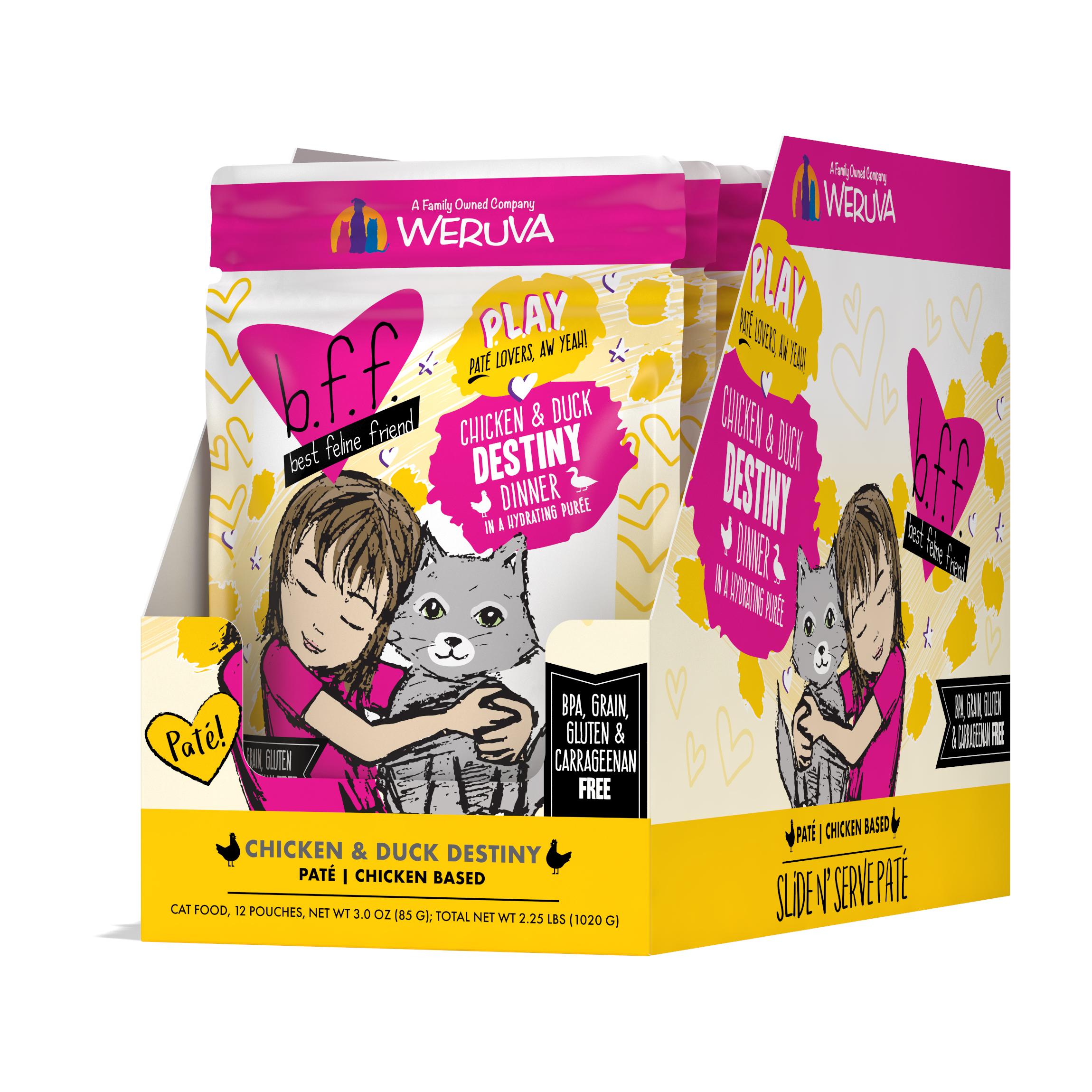 BFF PLAY Pate Destiny Chicken & Duck Dinner in Puree Grain-Free Wet Cat Food Pouch, 3-oz, case of 12 (**)