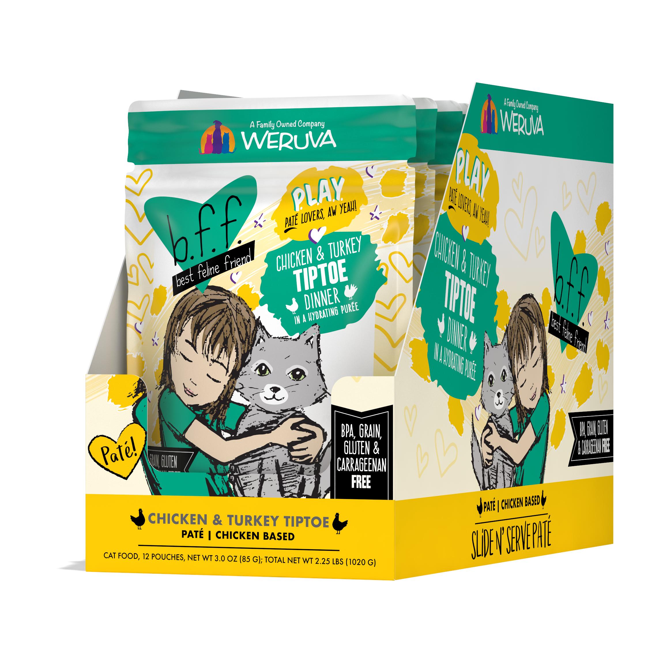 BFF PLAY Pate Tiptoe Chicken & Turkey Dinner in Puree Grain-Free Wet Cat Food Pouch, 3-oz, case of 12 (**)