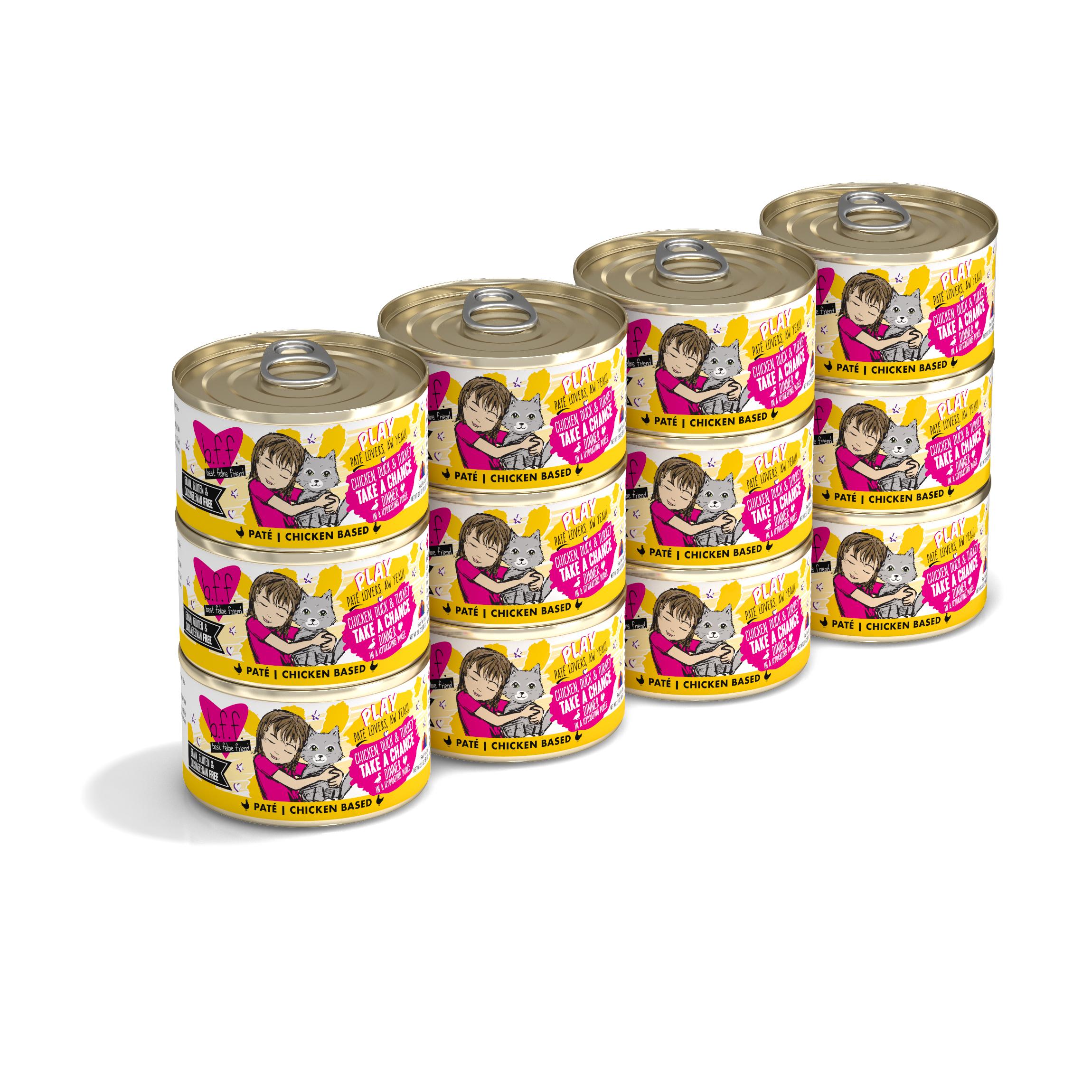 BFF PLAY Pate Take a Chance Chicken, Duck & Turkey Dinner in Puree Grain-Free Wet Cat Food, 2.8-oz, case of 12 (**)