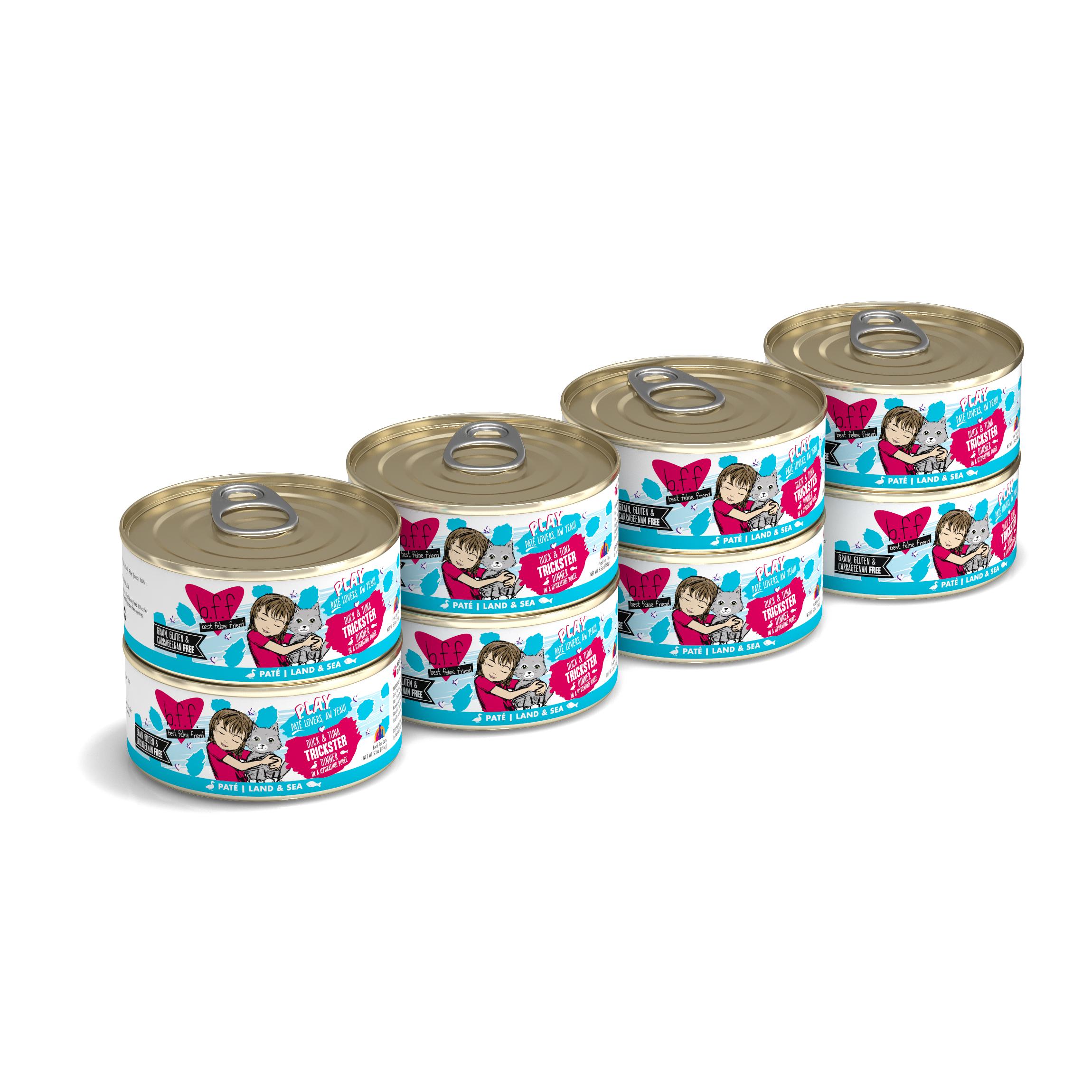 BFF PLAY Pate Trickster Duck & Tuna Dinner in Puree Grain-Free Wet Cat Food, 5.5-oz, case of 8 (**)