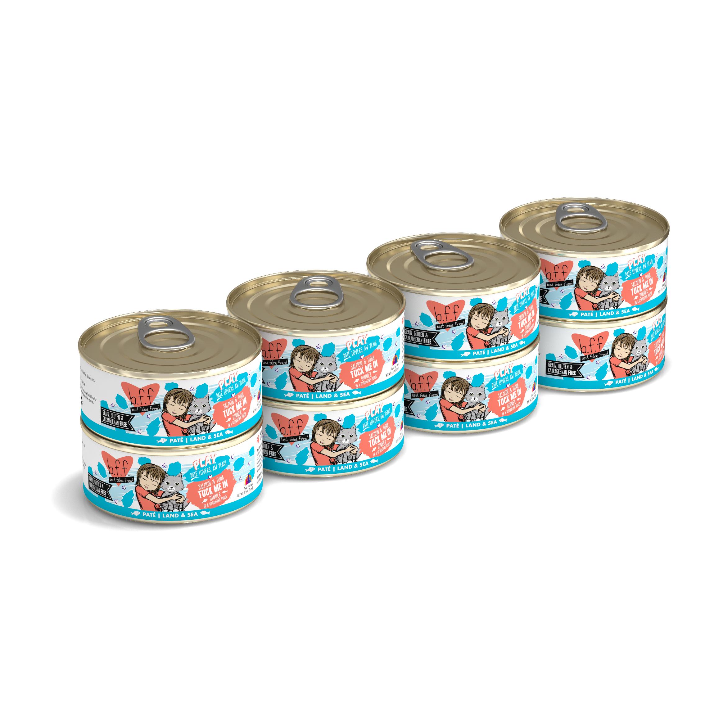 BFF PLAY Pate Tuck Me In Salmon & Tuna Dinner in Puree Grain-Free Wet Cat Food, 5.5-oz, case of 8 (**)