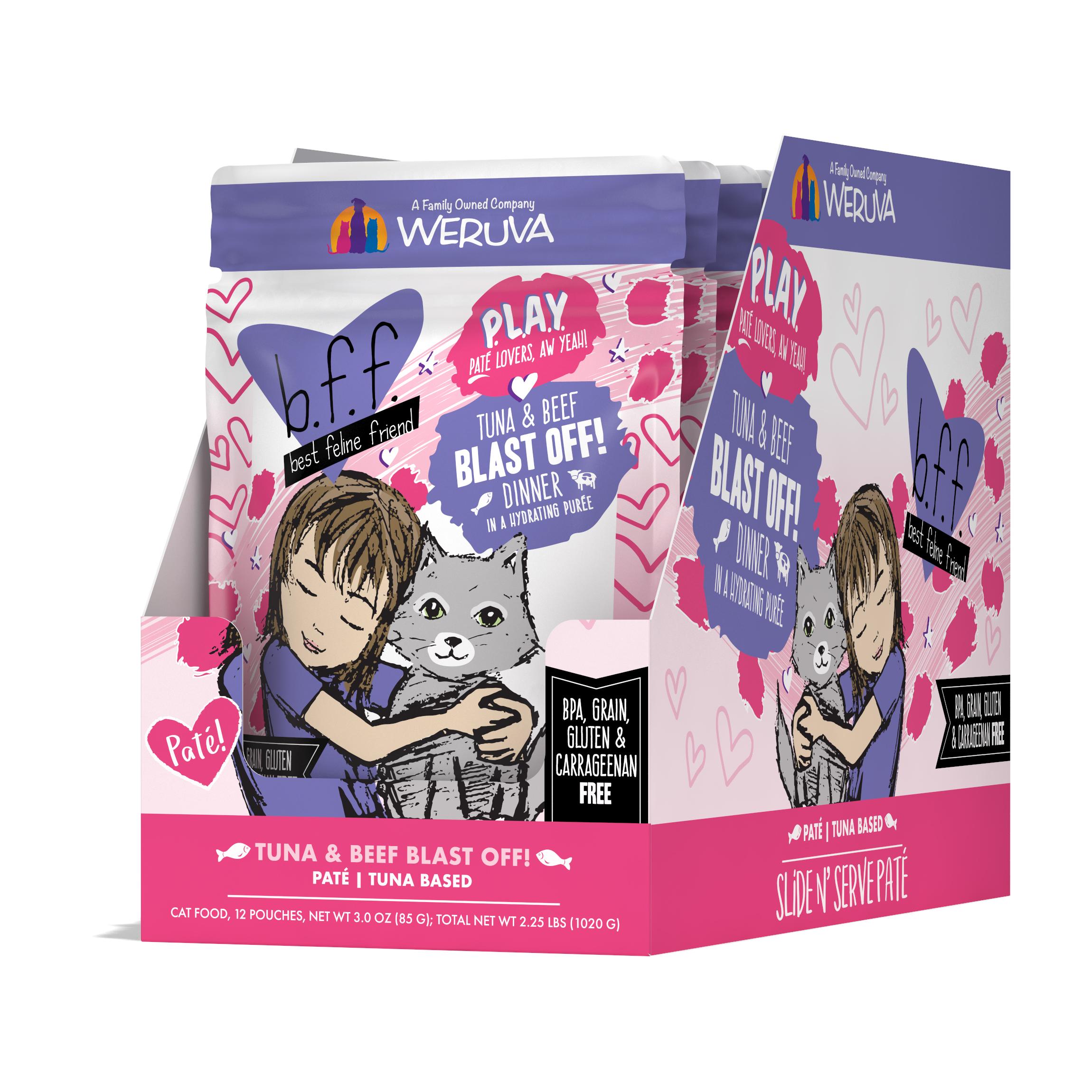 BFF PLAY Pate Blast Off! Tuna & Beef Dinner in Puree Grain-Free Wet Cat Food Pouch, 3-oz, case of 12 (**)