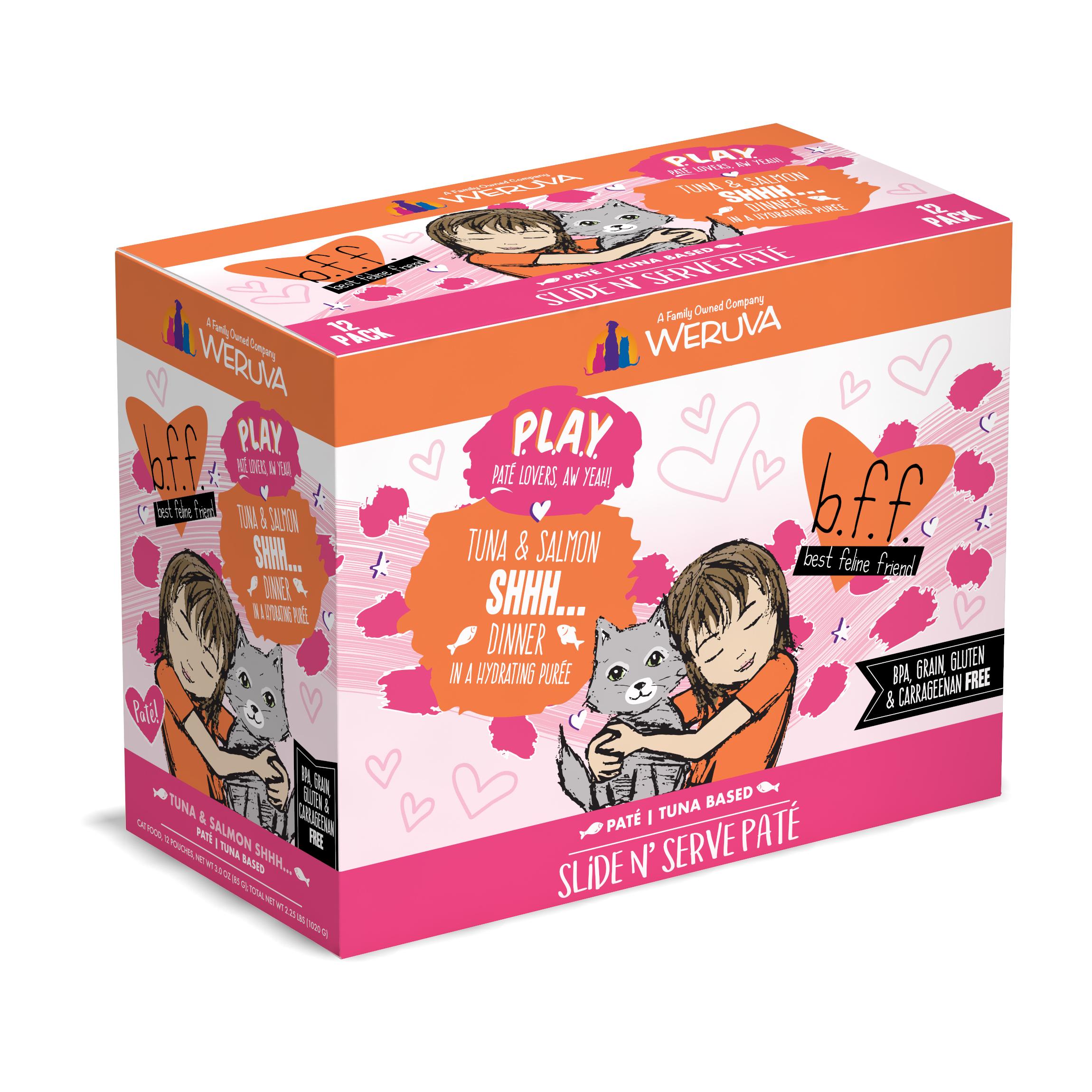 BFF PLAY Pate Shhh… Tuna & Salmon Dinner in Puree Grain-Free Wet Cat Food Pouch, 3-oz, case of 12 (**)