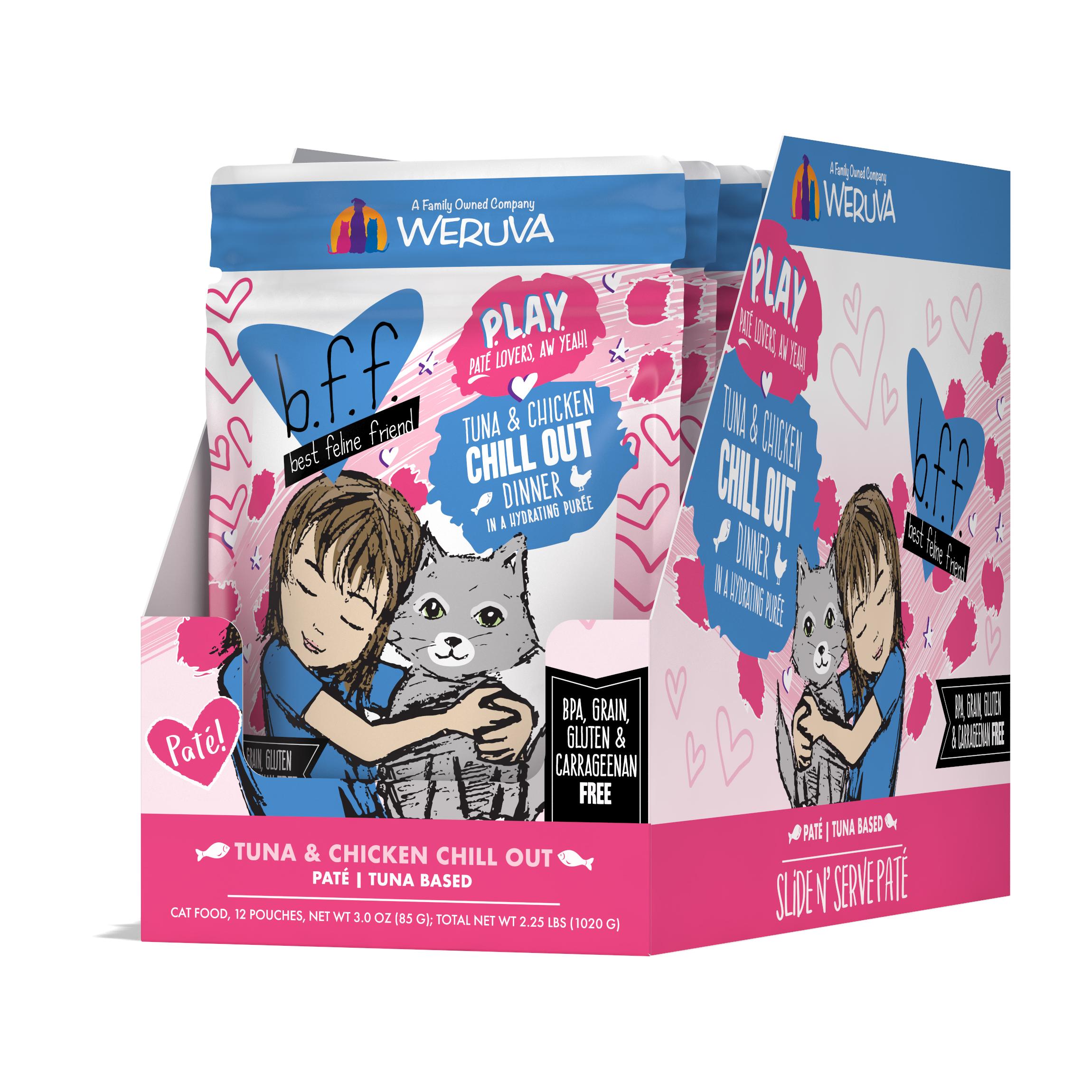 BFF PLAY Pate Chill Out Tuna & Chicken Dinner in Puree Grain-Free Wet Cat Food Pouch, 3-oz, case of 12 (**)