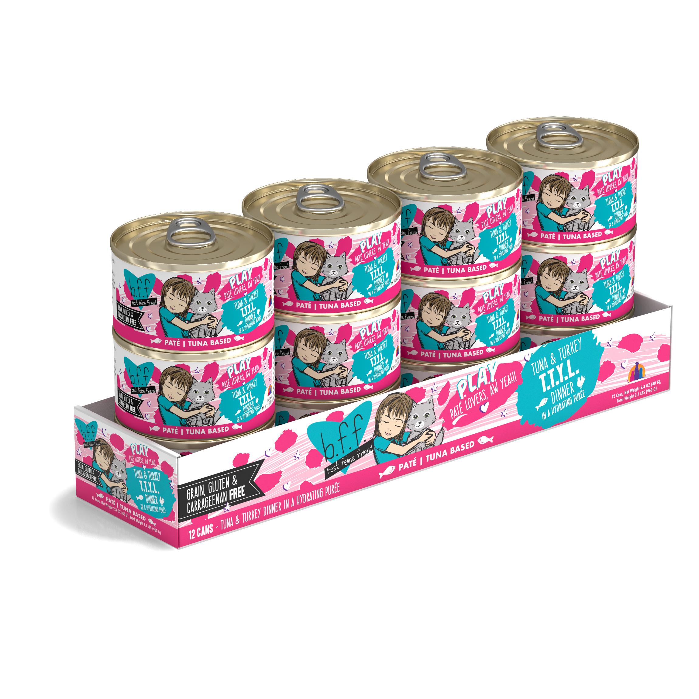 BFF PLAY Pate T.T.Y.L. Tuna & Turkey Dinner in Puree Grain-Free Wet Cat Food, 2.8-oz, case of 12 (**)