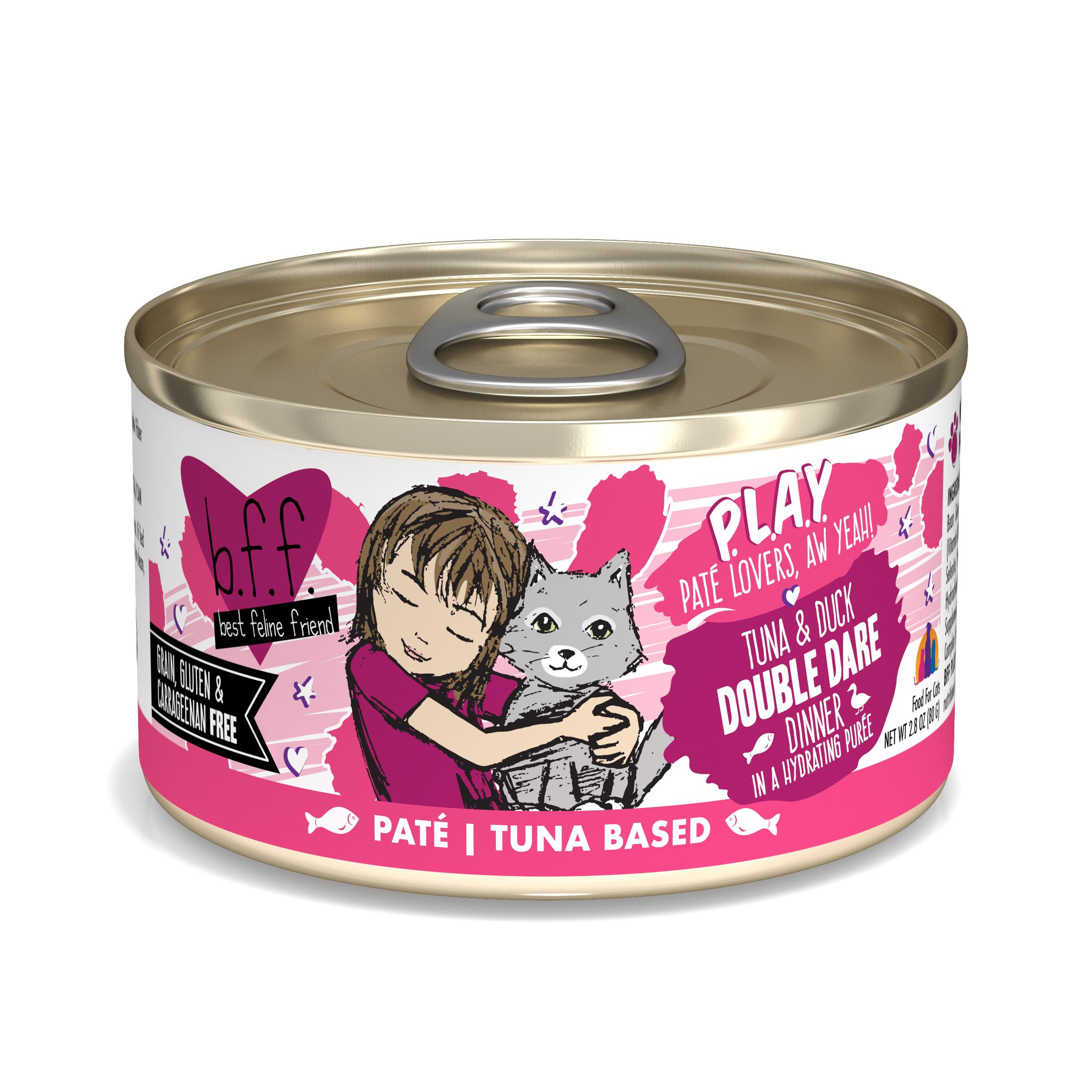 BFF PLAY Pate Double Dare Tuna & Duck Dinner in Puree Grain-Free Wet Cat Food, 2.8-oz