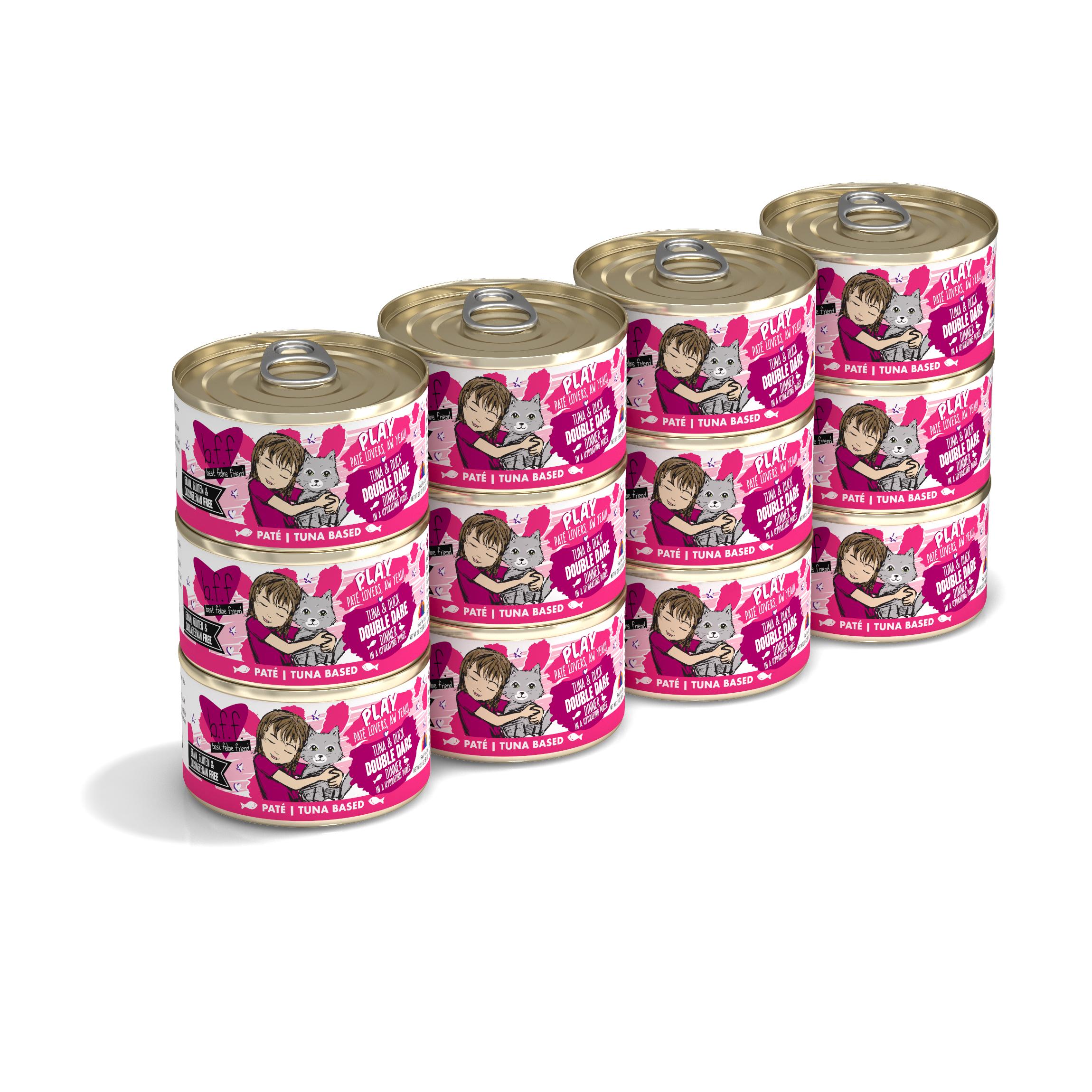 BFF PLAY Pate Double Dare Tuna & Duck Dinner in Puree Grain-Free Wet Cat Food, 2.8-oz, case of 12 (**)