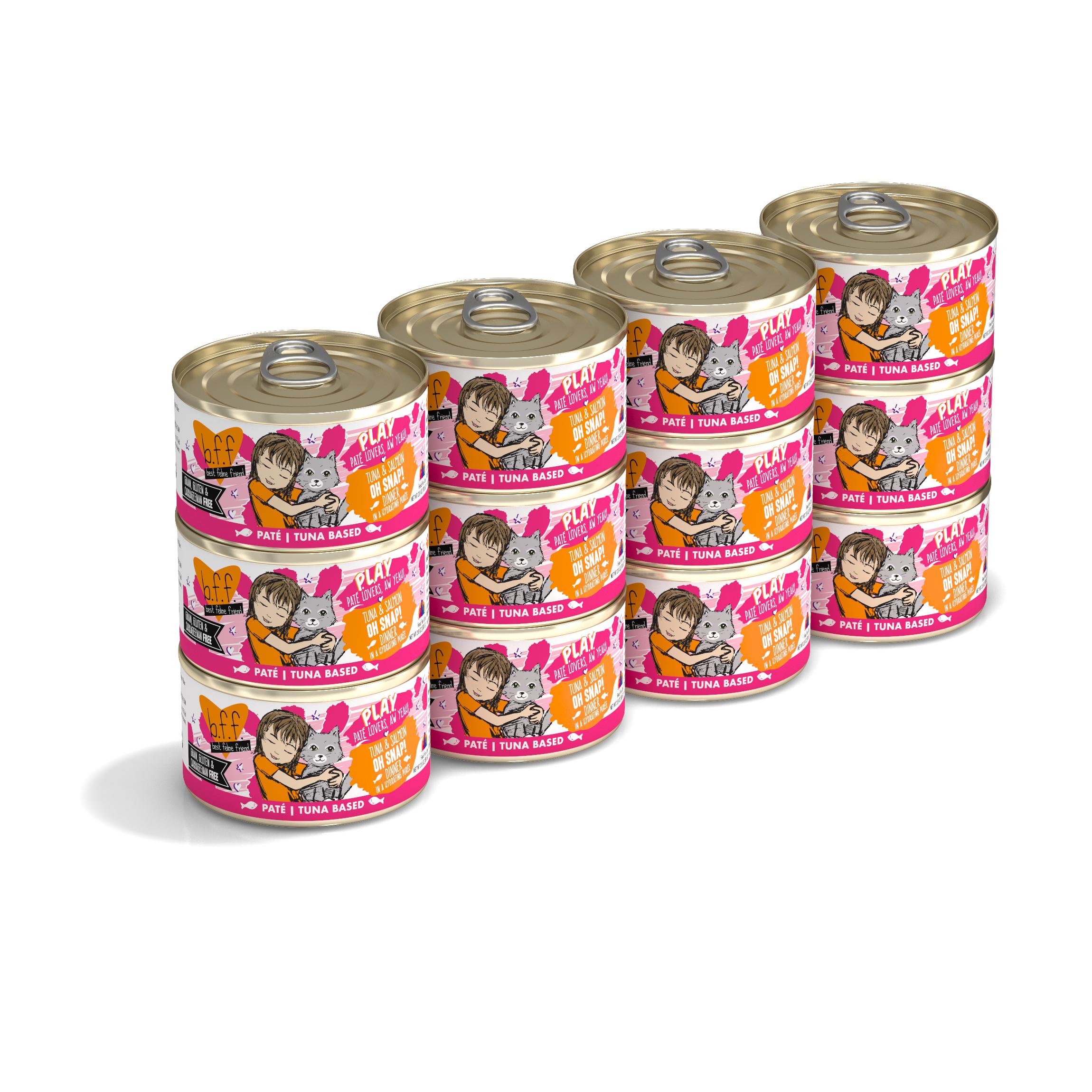 BFF PLAY Pate Oh Snap! Tuna & Salmon Dinner in Puree Grain-Free Wet Cat Food, 2.8-oz, case of 12 (**)