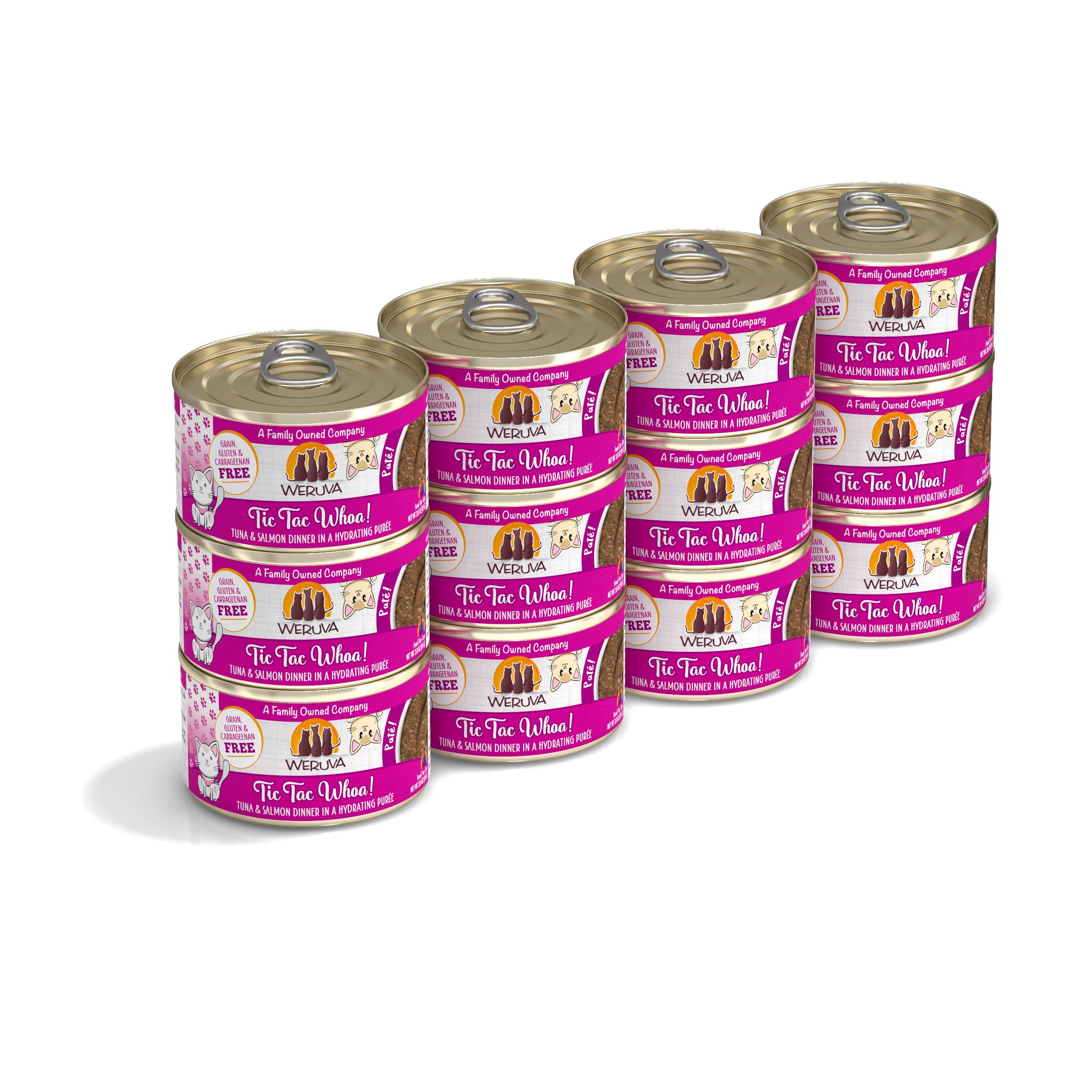 Weruva Cat Pate Tic Tac Whoa! Tuna & Salmon Dinner in Puree Wet Cat Food Can, 3-oz, case of 12 (**)