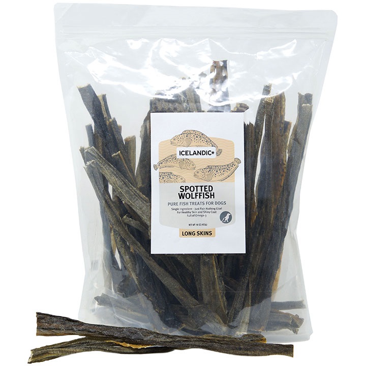 Icelandic+ Bandes de peau de poisson-loup tacheté Friandise pour chien au poisson, 16 oz