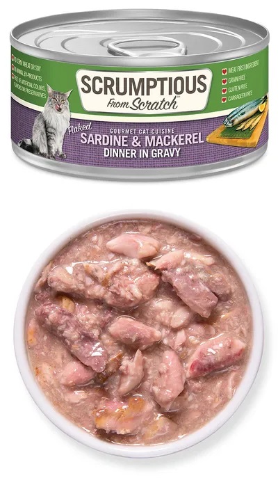 Scrumptious From Scratch Flaked Sardine and Mackerel in Gravy Wet Cat Food Can, 2.8-oz