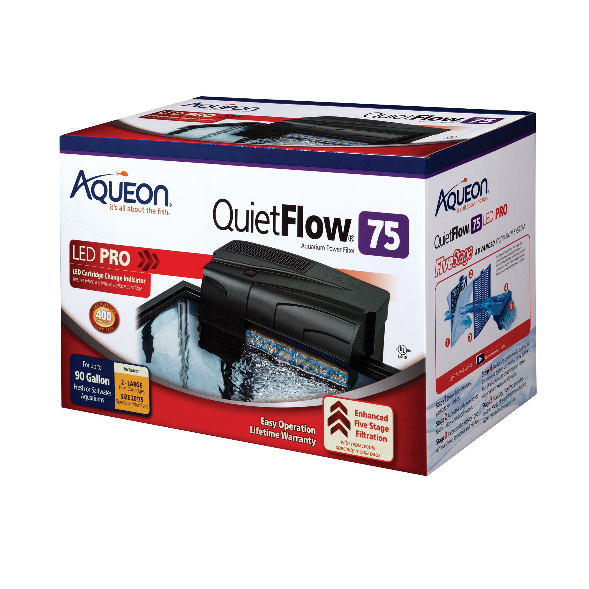 Aqueon QuietFlow 75 LED PRO Aquarium Power Filters, 90-gallon