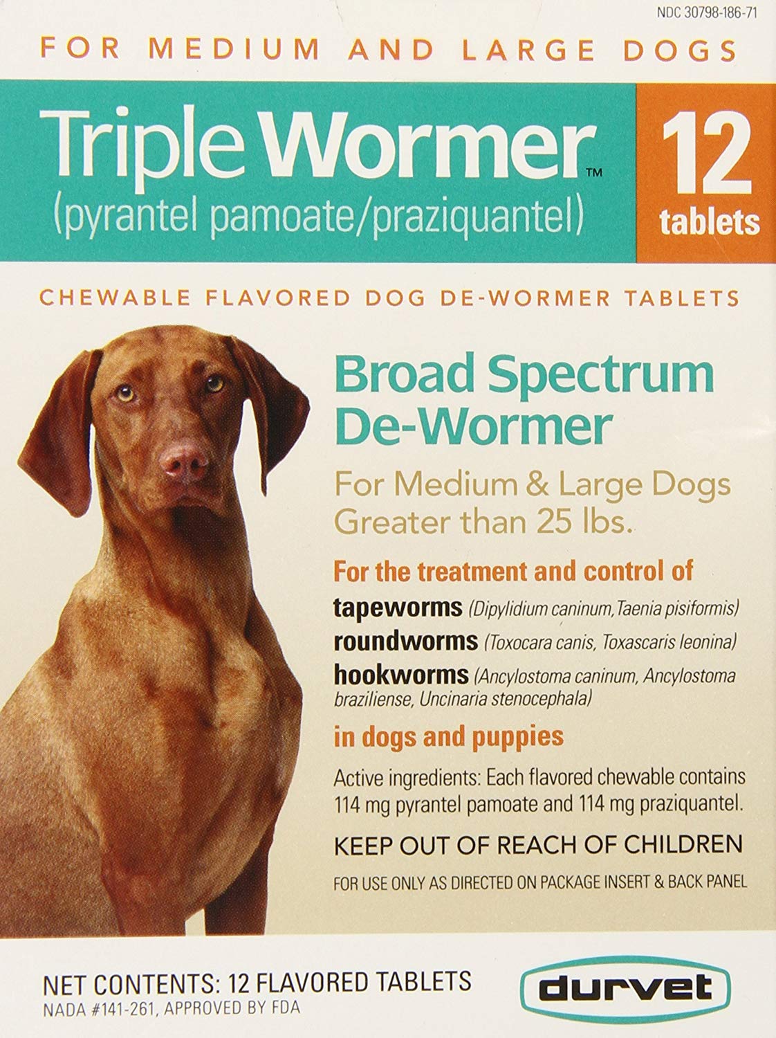 Durvet Triple Wormer 7 Way De-Wormer for Medium & Large Dogs, 12-count