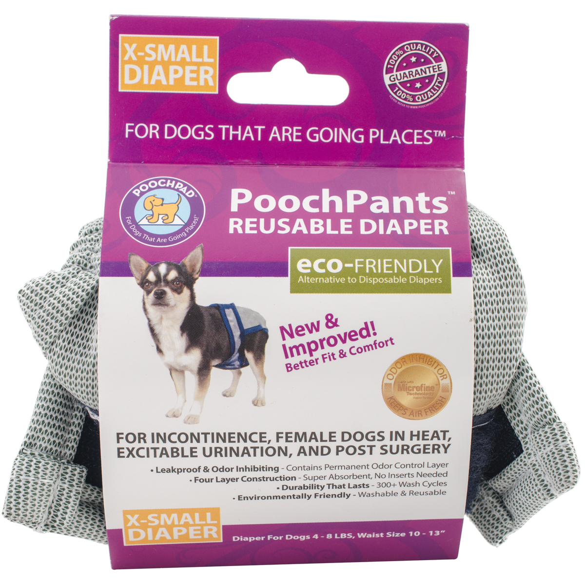 PoochPad PoochPants Reusable Dog Diaper, X-Small