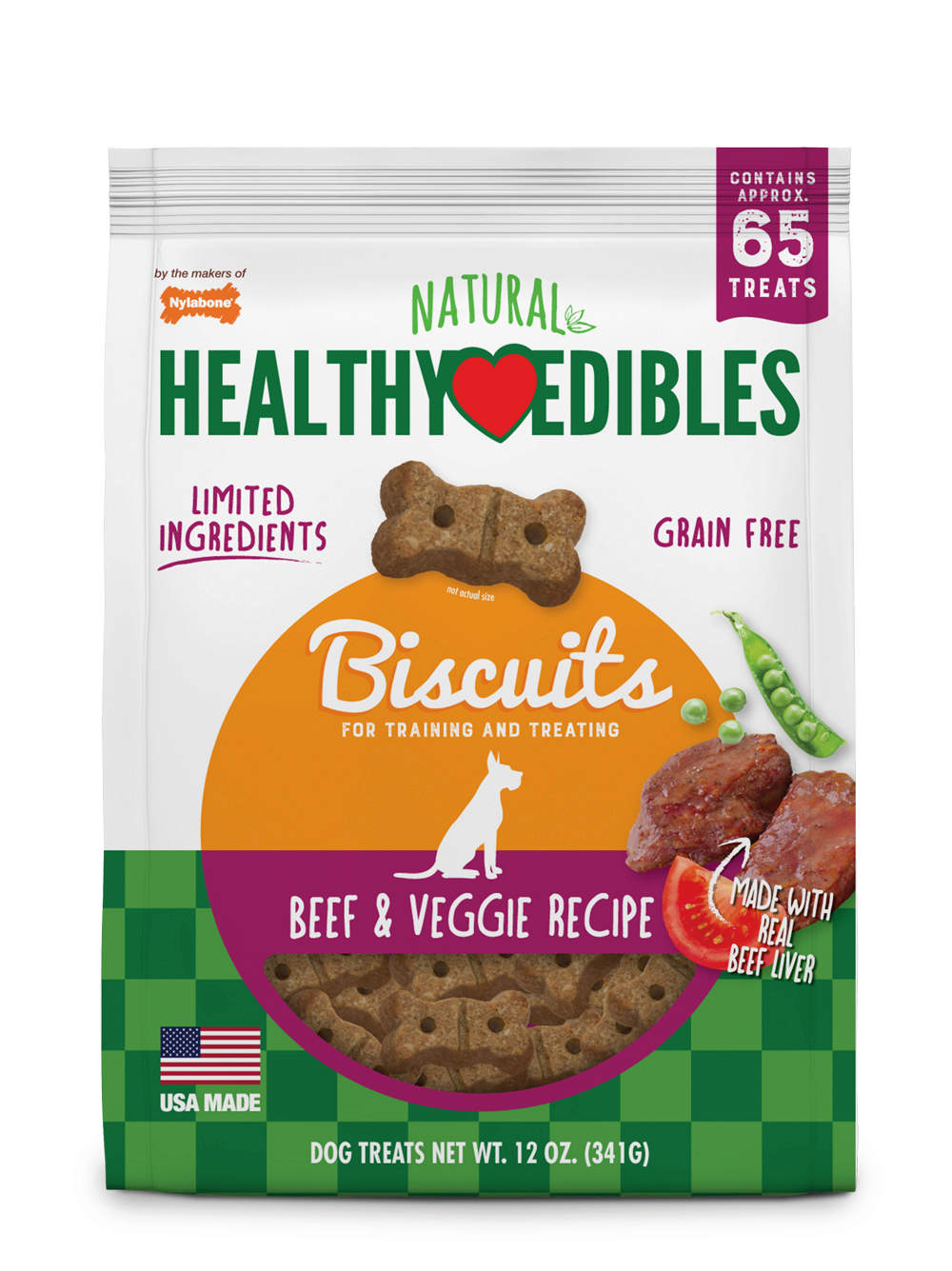 Nylabone Healthy Edibles Biscuits Beef & Veggie Recipe Dog Treats, 12-oz