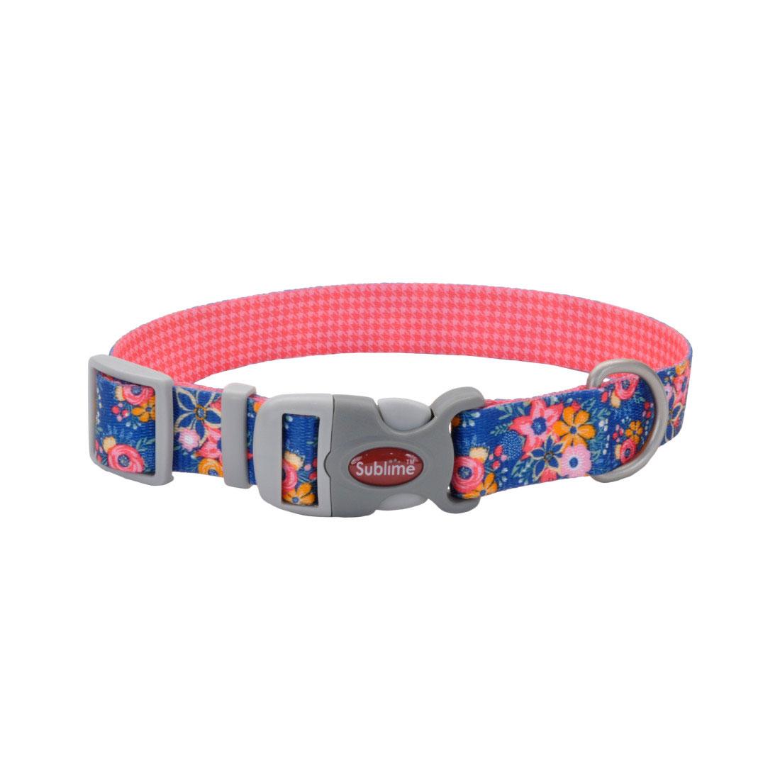 Sublime Adjustable Dog Collar, Pink/Orange Flowers on Navy, 1.5-in x 18-26-in