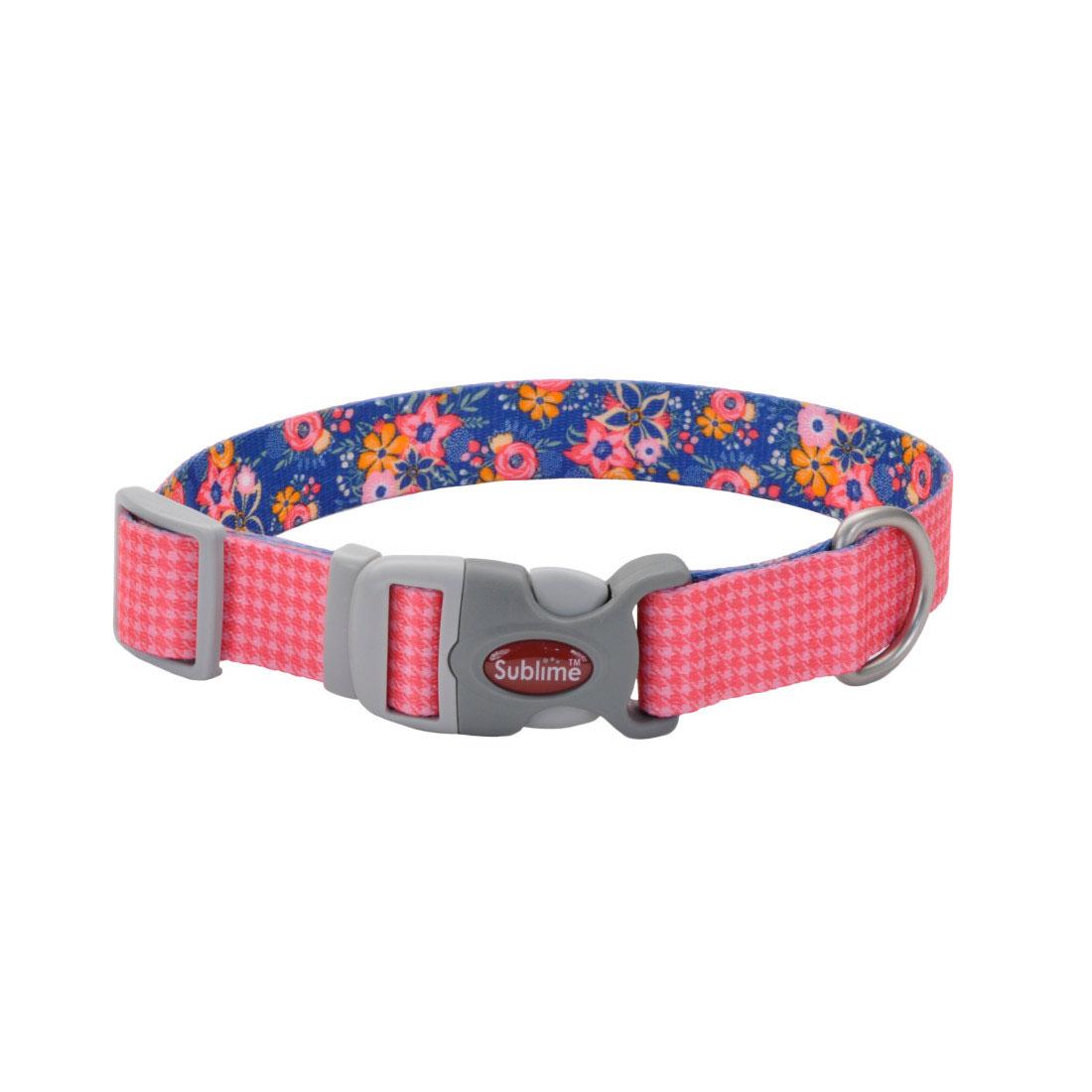 Sublime Adjustable Dog Collar, Pink Houndstooth, 1.5-in x 18-26-in