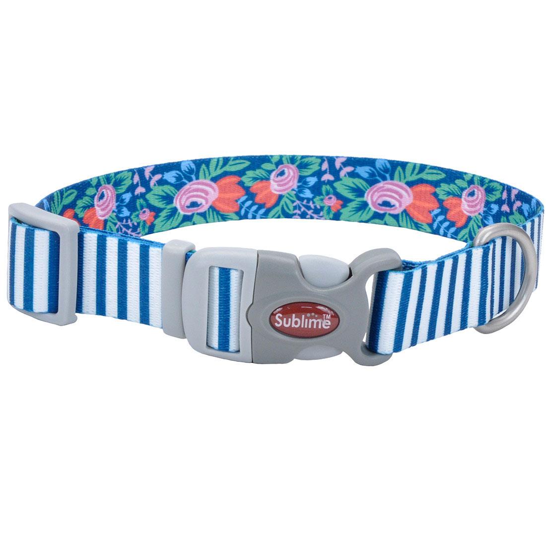 Sublime Adjustable Dog Collar, Teal Stripe Flower, 1-in x 12-18-in