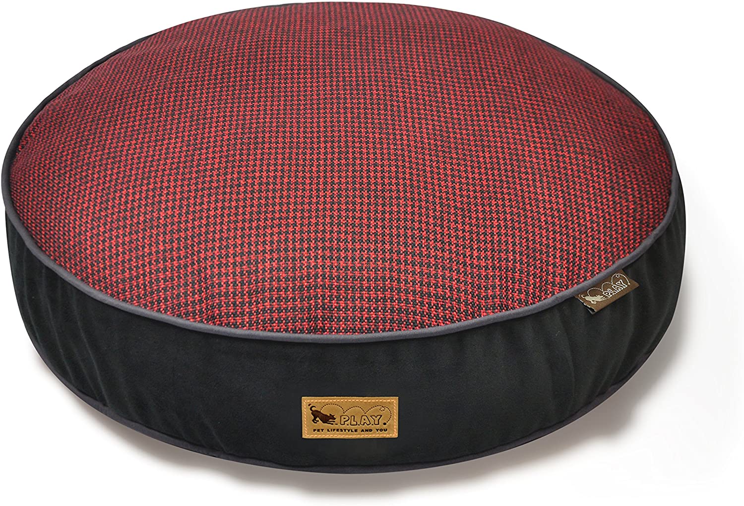 P.L.A.Y. Houndstooth Round Dog Bed, Red/Black