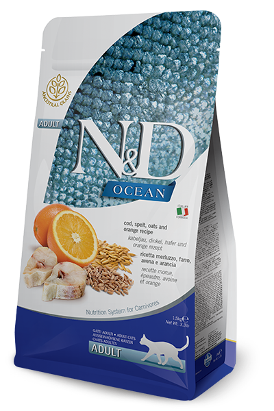 Farmina N&D Ocean Cod, Spelt, Oats & Orange Adult Dry Cat Food, 26.4-lb (**)