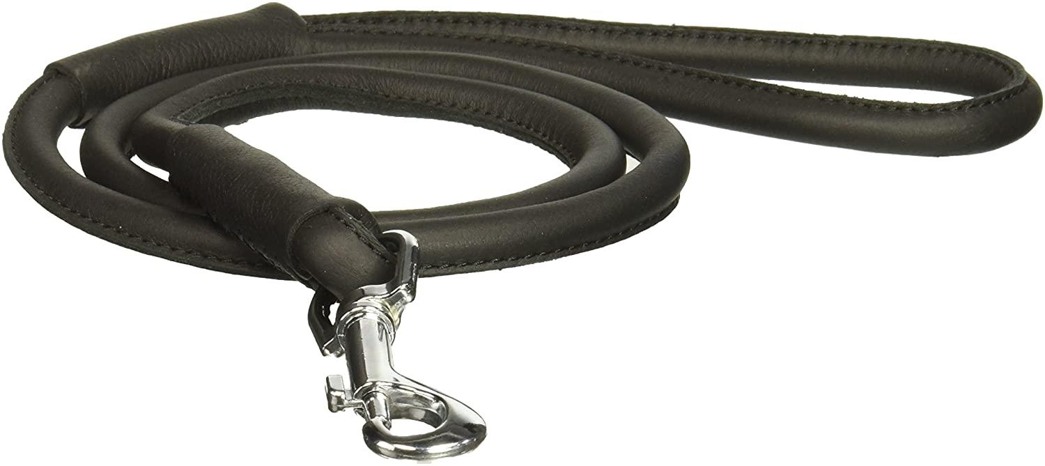 Dogline Soft Leather Round Dog Leash, Black, 1/4-in x 6-ft