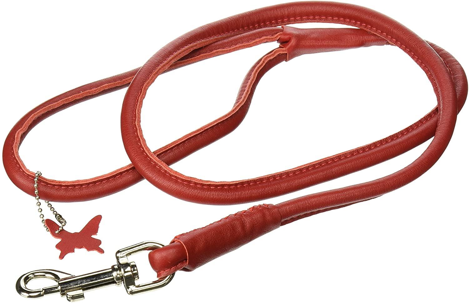 Dogline Soft Leather Round Dog Leash, Red, 3/8-in x 4-ft