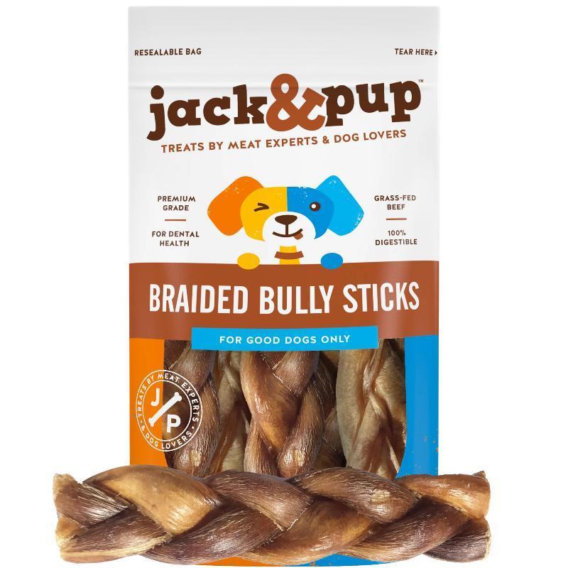 Jack&Pup Braided Bully Sticks Odor-Free Dog Treats, 6-in