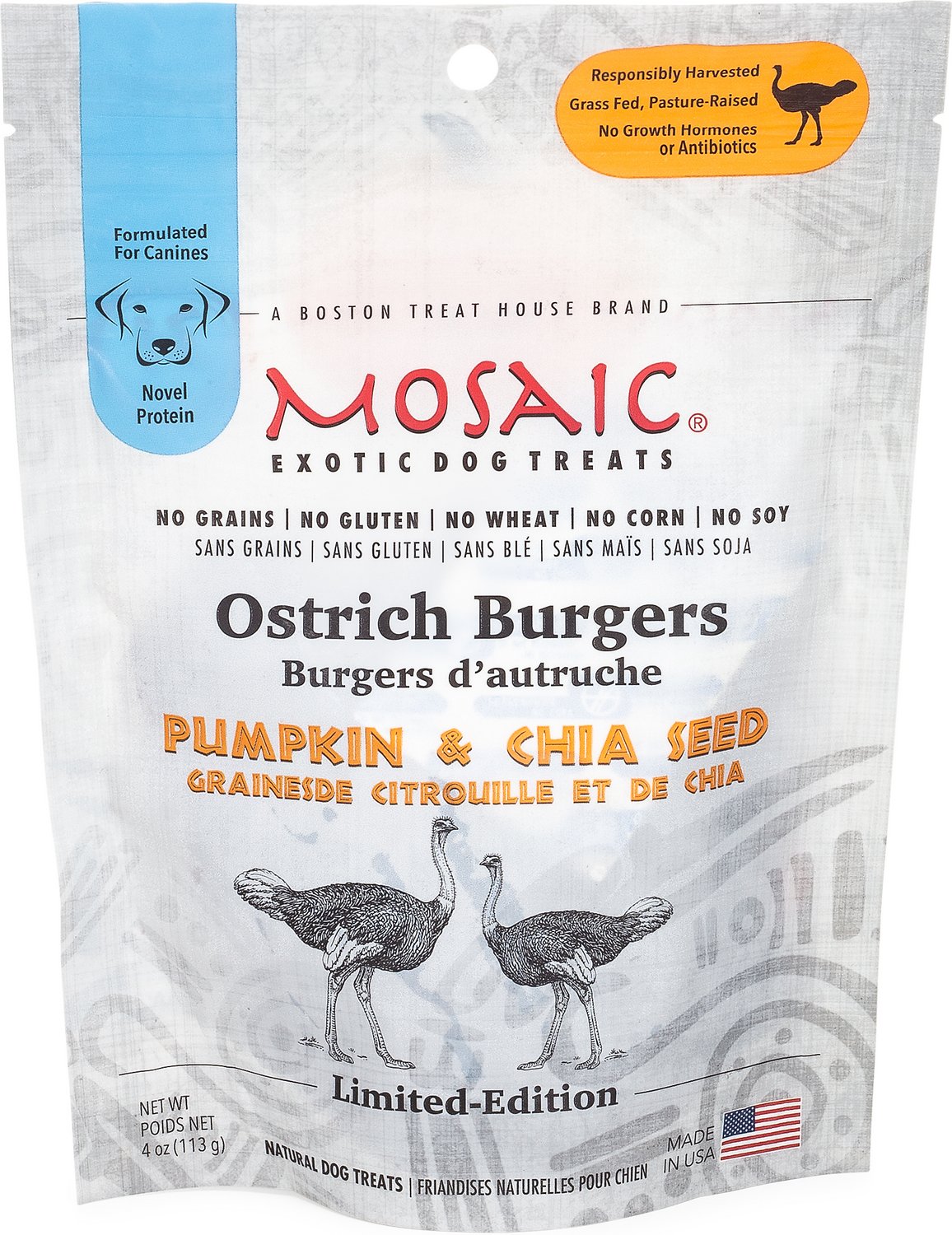 Mosaic BurgersDog Treats, Ostrich, Pumpkin