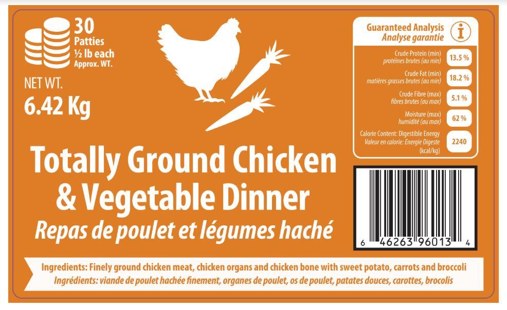 Totally Raw Pet Food Totally Ground Chicken & Vegetable Dinner Frozen Dog Food, 6.42-kg