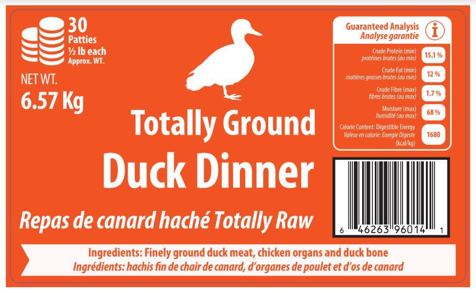 Totally Raw Pet Food Totally Ground Duck Dinner Frozen Dog Food, 6.57-kg