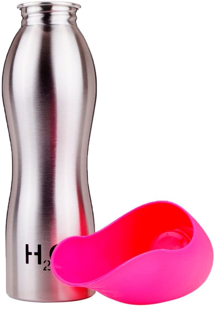 H2O4K9 Stainless Steel Dog Water Bottle & Travel Bowl, Perfect Pink