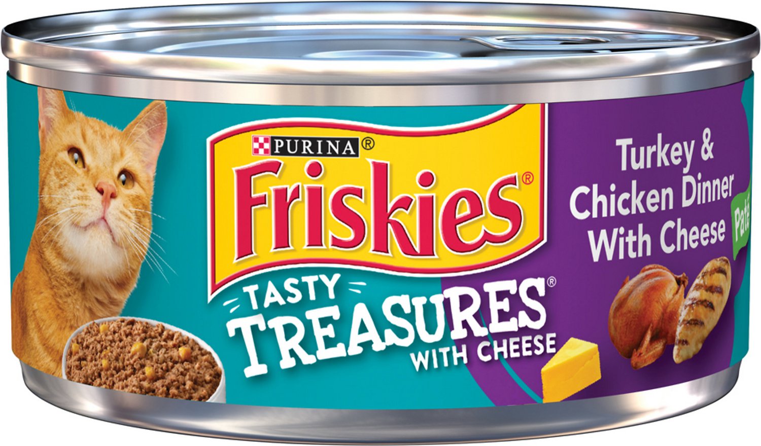 Friskies Tasty Treasures Pate Turkey & Chicken Dinner with Cheese Canned Cat Food,  5.5-oz
