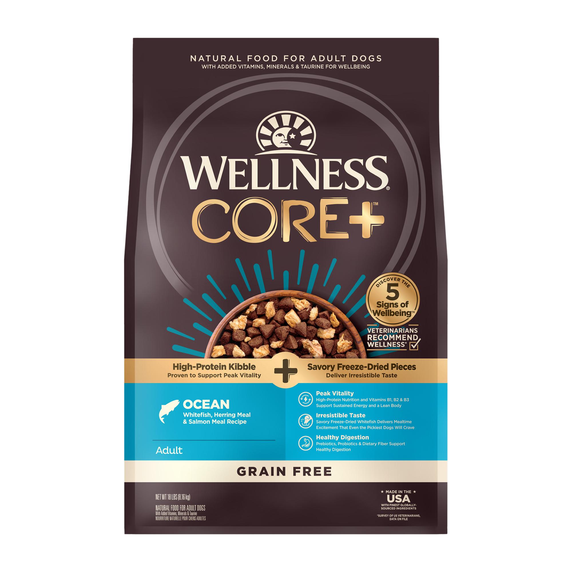 Wellness CORE+ Ocean Whitefish, Herring & Salmon Grain-Free Freeze-Dried Pieces Dry Dog Food, 18-lb