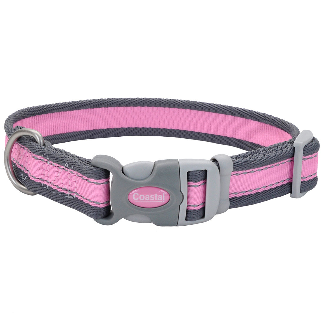 Pro Reflective Adjustable Dog Collar, Bright Pink with Grey, 3/4-inx10-14-in
