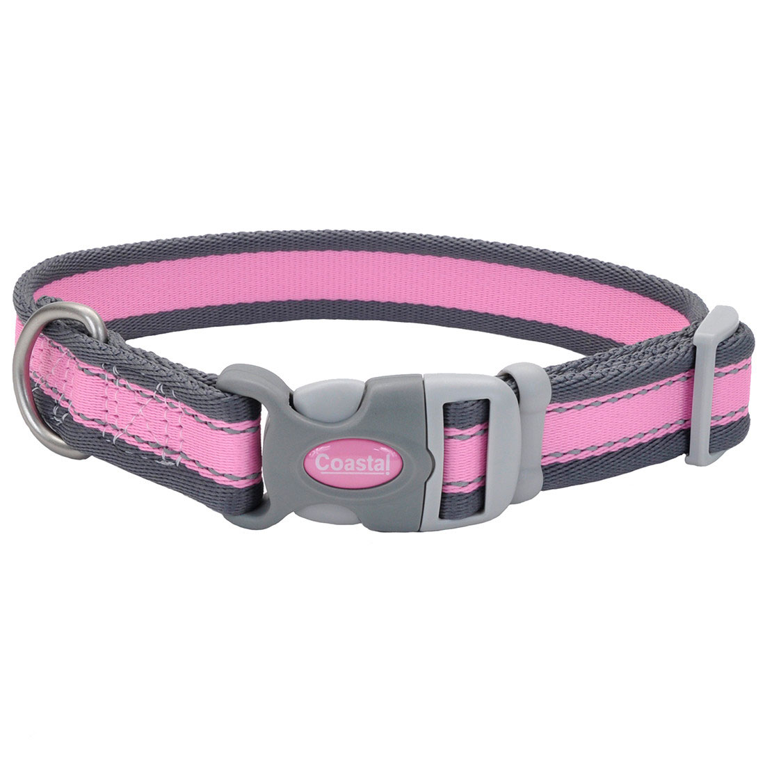 Pro Reflective Adjustable Dog Collar, Bright Pink with Grey, 1-inx14-20-in